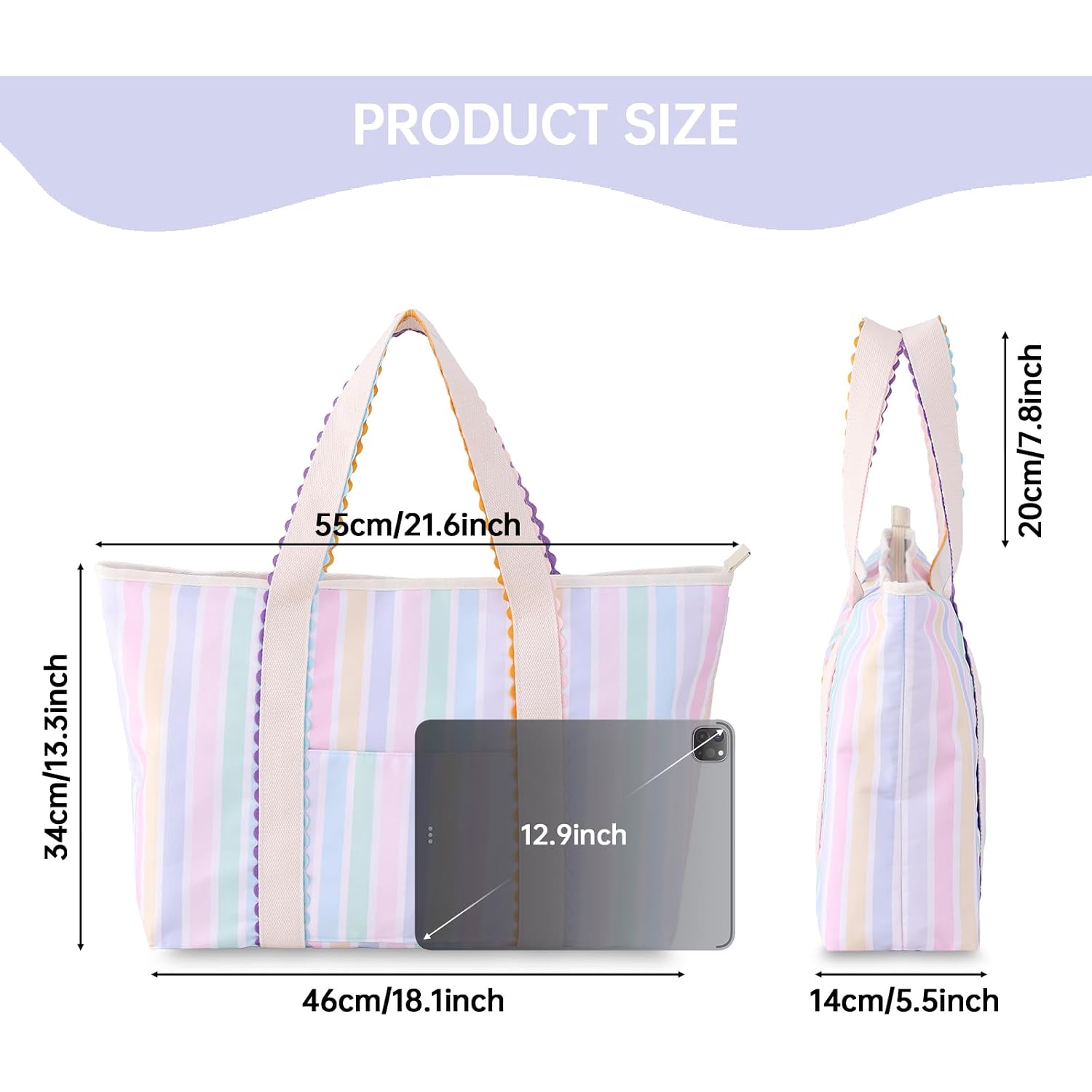 Canvas Tote Bag For Women, Rainbow Rick Rack Trim Stripe Handbag, Large Shoulder Tote With Pocket, Perfect For Everyday Use, Beach, Work And Travel