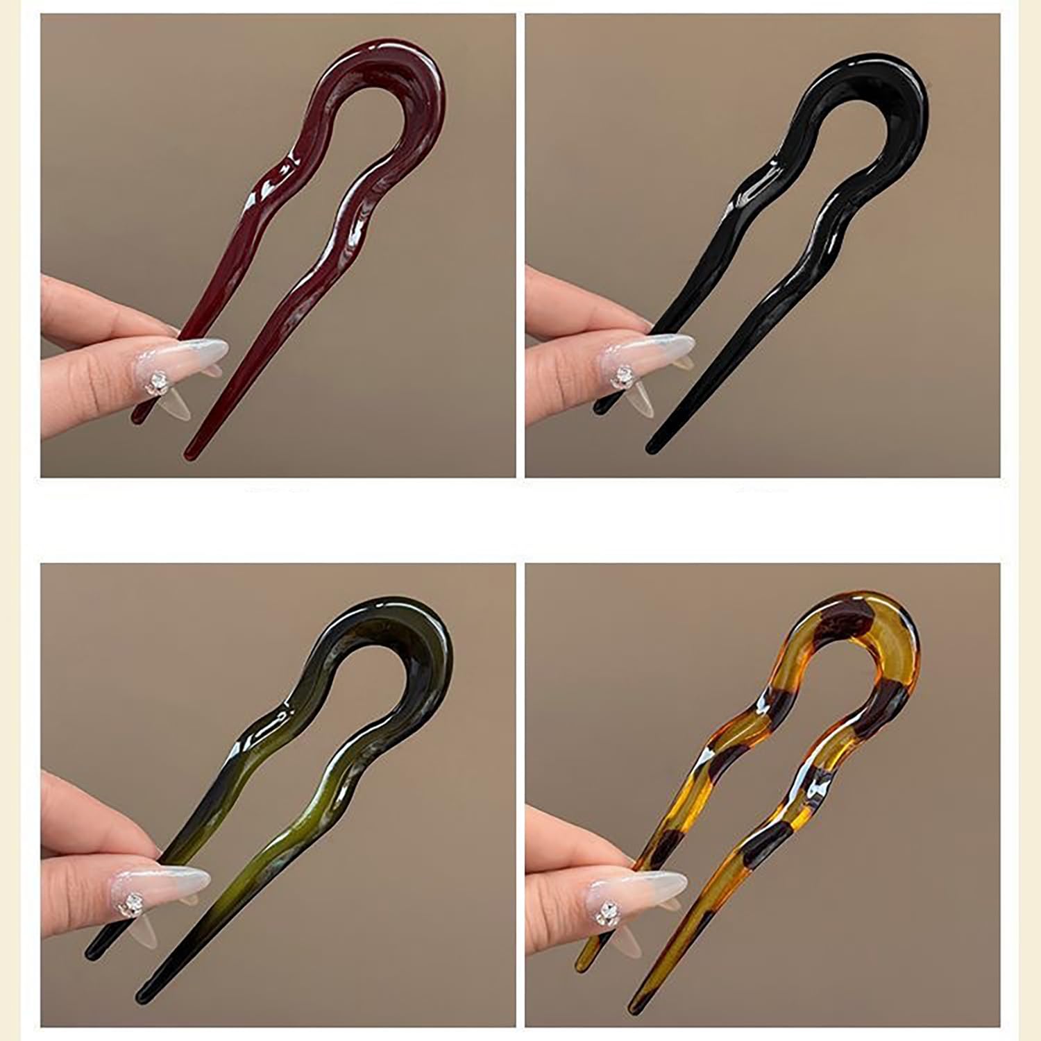 French Twist Stick Hair Fork, 4PCS Wavy U Shaped Hair Pin Clip for Spiral Updo Bun, Tortoise Shell, Fashion Flexible Durable Styling Hair Accessories for Women (Green, Black, Brown, Leopard Print)