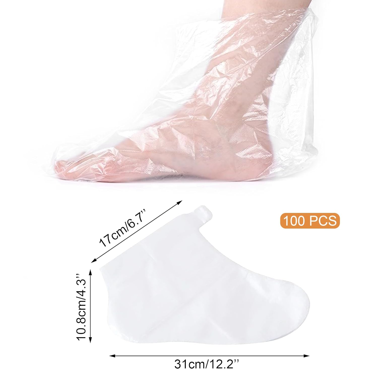 Quacc 100 PCS Plastic Disposable Foot Covers, Paraffin Bath Liners for Feet, Clear Foot Mask Socks for Pedicure, Spa, Trial Shoe