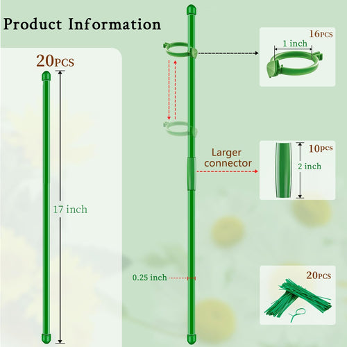 20Pcs Plant Support Stakes 17 Inch Supking Garden Orchid Sticks Extended To 3Ft 4Ft 5Ft Plant Poles With Clips For Indoor Outdoor Potted Tomato Rose Amaryllis Vegetables Comes With 20 Ties（Green）