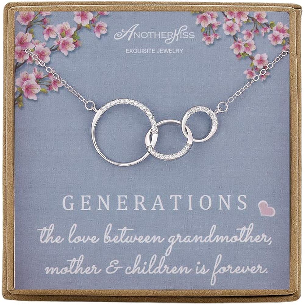 Generations Necklace for Grandma Gift - Sterling Silver Infinity 3 Circle CZ Necklace Mom Granddaughter Grandson Mothers Day Jewelry Birthday Gifts