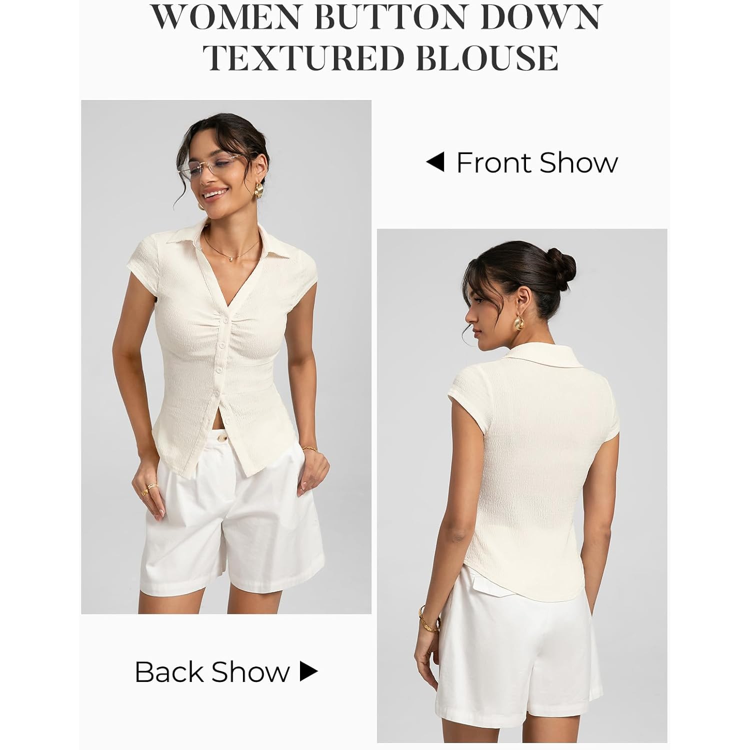 Women Button Down Blouse, V-Neck Ruched Tops with Y2K Collar, Slim Fit Cap Sleeve Business Casual Going Out Shirt