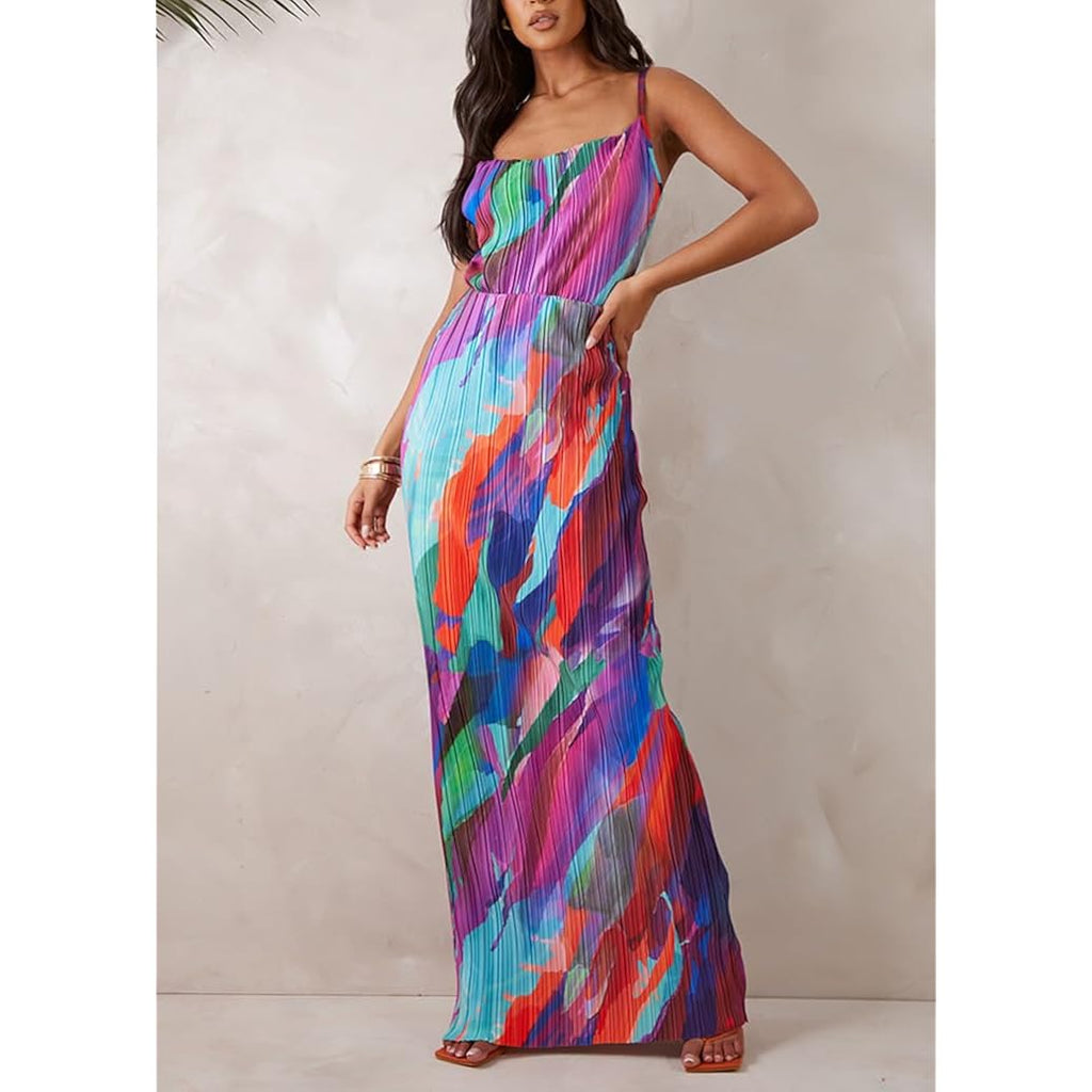Summer Floral Dress Sexy Strap Shoulder Pleated Maxi Dresses A Line Wedding Guest Dresses For Women