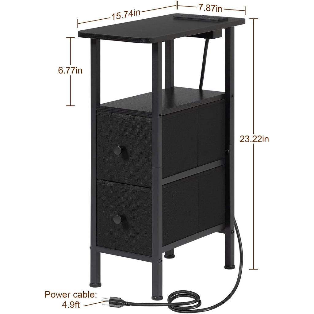 Narrow End Table Living Room With Charging Station, Skinny Side Table With Fabric Drawers, Slim Nightstand For Bedroom, Small Spaces, Couch, Black, Hetndp02Bk-1