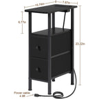 Narrow End Table Living Room With Charging Station, Skinny Side Table With Fabric Drawers, Slim Nightstand For Bedroom, Small Spaces, Couch, Black, Hetndp02Bk-1