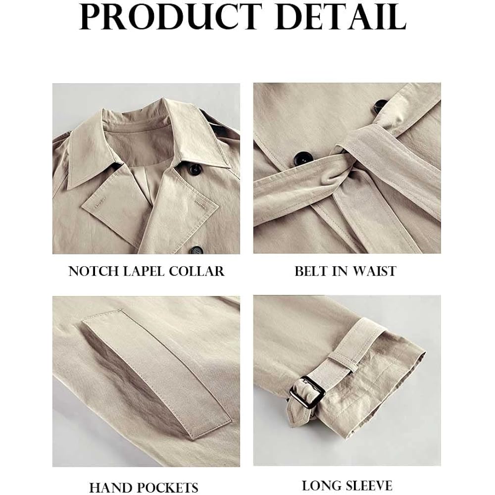 Women'S Double Breasted Long Trench Coat Windproof Classic Lapel Slim Overcoat With Belt