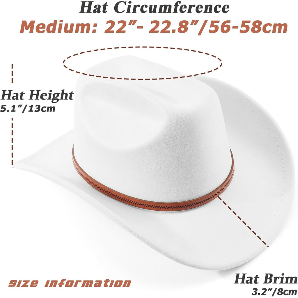 Western Cowboy Hats for Women Classic Felt Wide Brim Fedora Hat with Belt Buckle Retro Panama Hat Unisex Rolled up Cap Suede Cowboy Hats : White