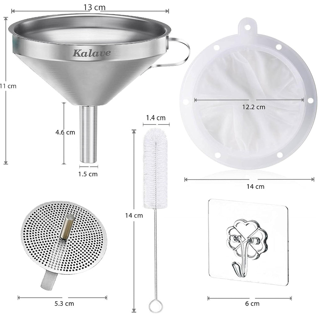 Kalave Premium Stainless Steel Funnel, 5 Inch Food Grade Kitchen Funnels With 200 Mesh Food Filter Strainer For Filling Bottles, Oils, Juice, Wine, Coffee, Milk
