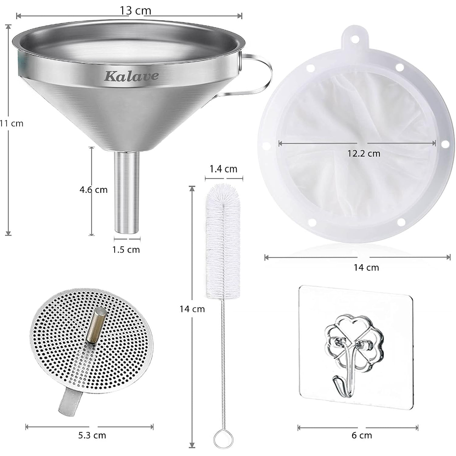 Kalave Premium Stainless Steel Funnel, 5 Inch Food Grade Kitchen Funnels With 200 Mesh Food Filter Strainer For Filling Bottles, Oils, Juice, Wine, Coffee, Milk