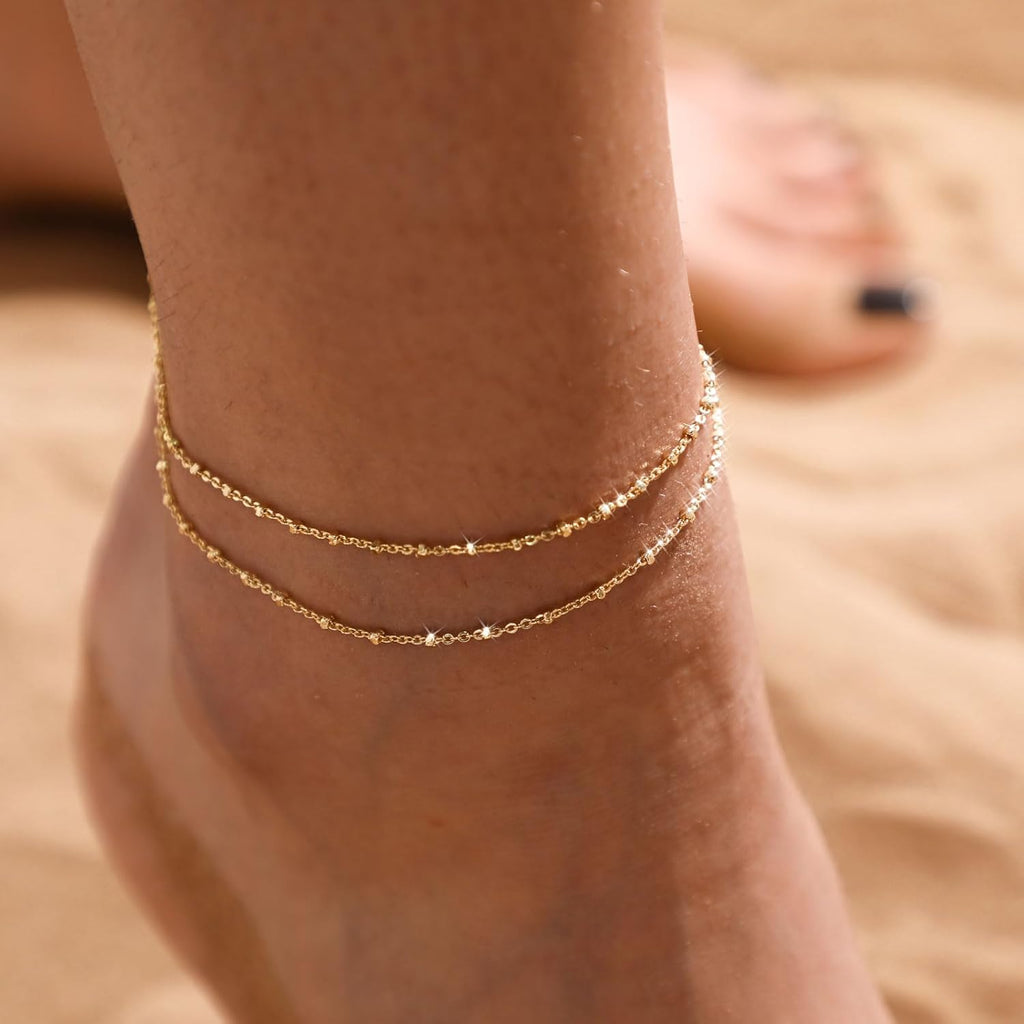Gold/Silver Ankle Bracelets for Women,14K Gold Plated Anklets for Women Waterproof Cuban Link Heart Pearls Beads Rhinestone Anklets Set Layered Bracelets for Women Gold Jewelry Gift
