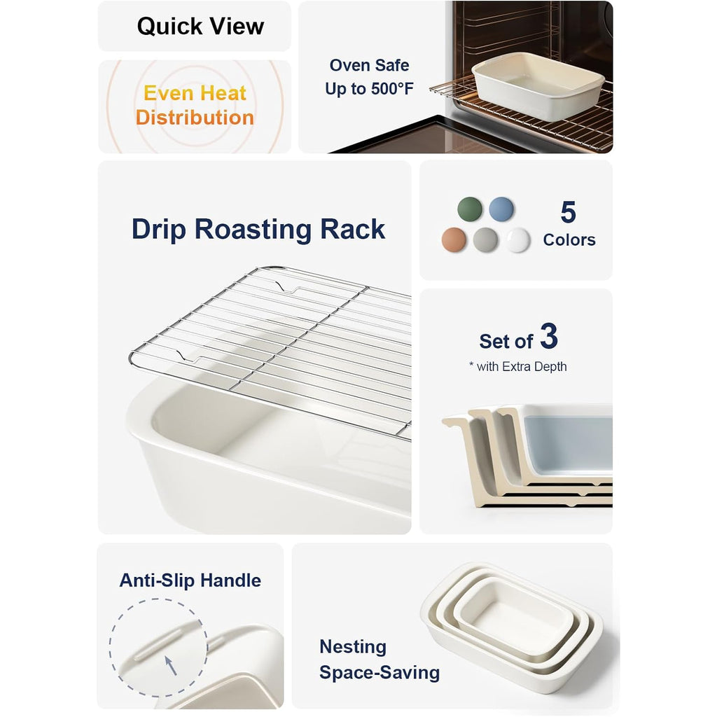 Le Tauci Deep Casserole Dishes For Oven, 13.7”X9.6” Ceramic Baking Dish Set With Roasting Racks, Large Lasagna Pans With Handles, Rectangular Bakeware As Gift For Mom, White (4.6Qt/3.0Qt/1.6Qt), Set Of 3