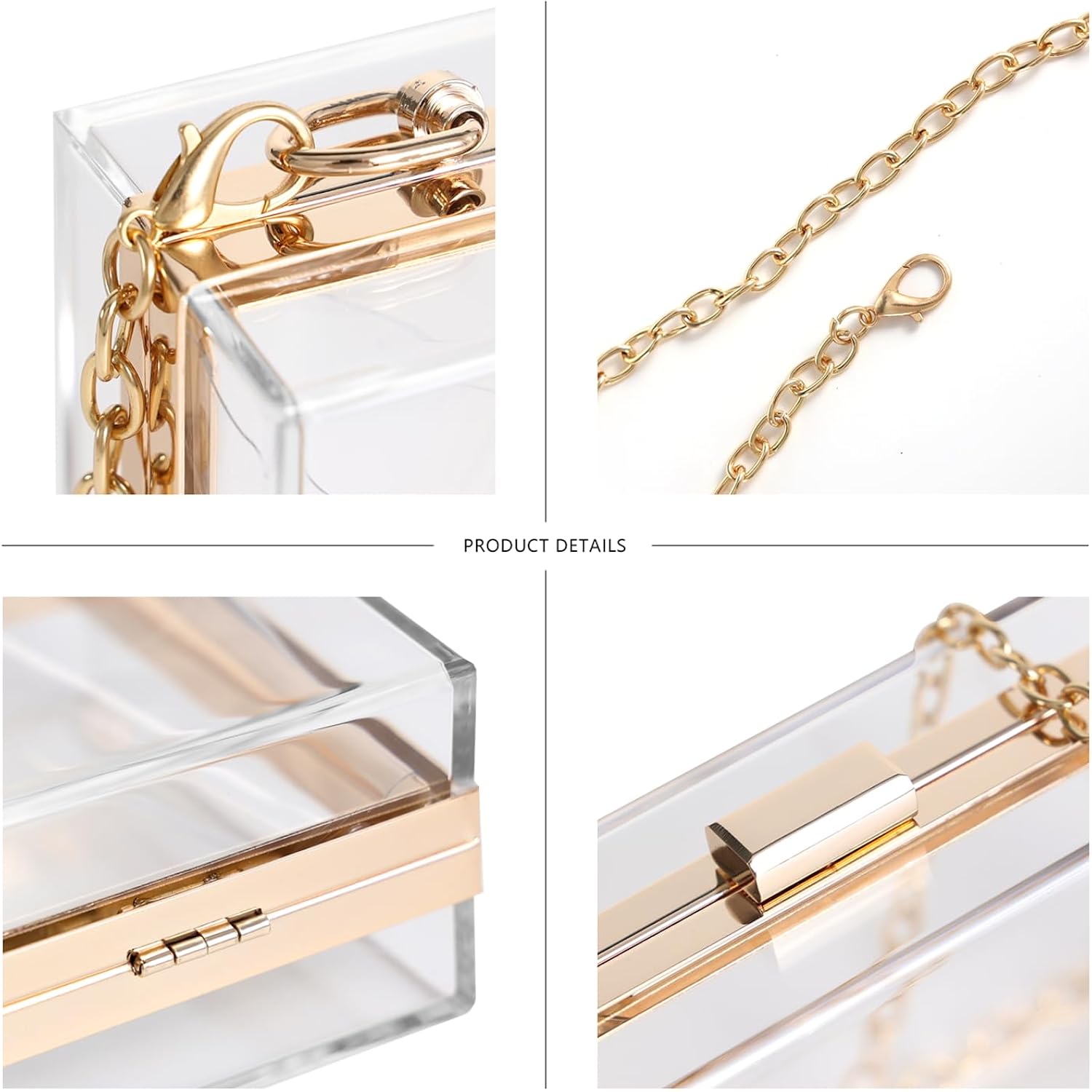 WJCD Clear Acrylic Crossbody Purse - Stadium Approved Box Clutch with Gold Chain, Small Transparent Evening Bag for Women | Premium Acrylic, Stadium Approved, Gold Chain Strap, Easy to Clean