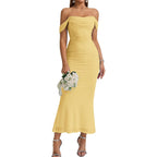Kutumai Off The Shoulder Maxi Long Dress Corset Ruched Bodycon Cocktail Formal Wedding Guest Dresses For Women
