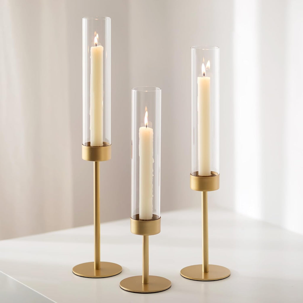 Glass Hurricane Candlestick Holders Gold - Romadedi Taper Candle Holder Tall Clear Glass Cylinder Table Centerpiece Wedding Decor Party Birthday Christmas Home Decorations Set of 3