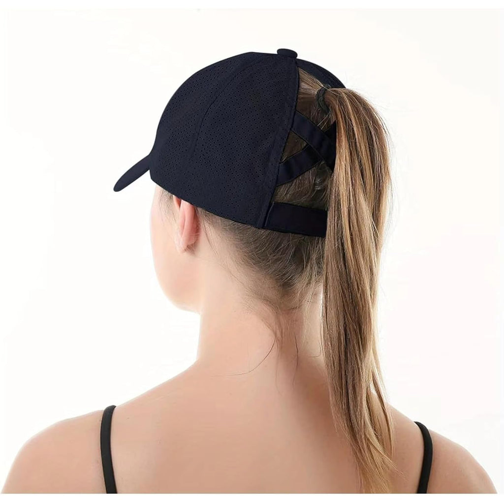 Criss-Cross Ponytail-Baseball-Cap for Women - Adjustable-High-Messy Bun Trucker-Hat Quick-Dry Mesh-Sun-Cap for Outdoor Black