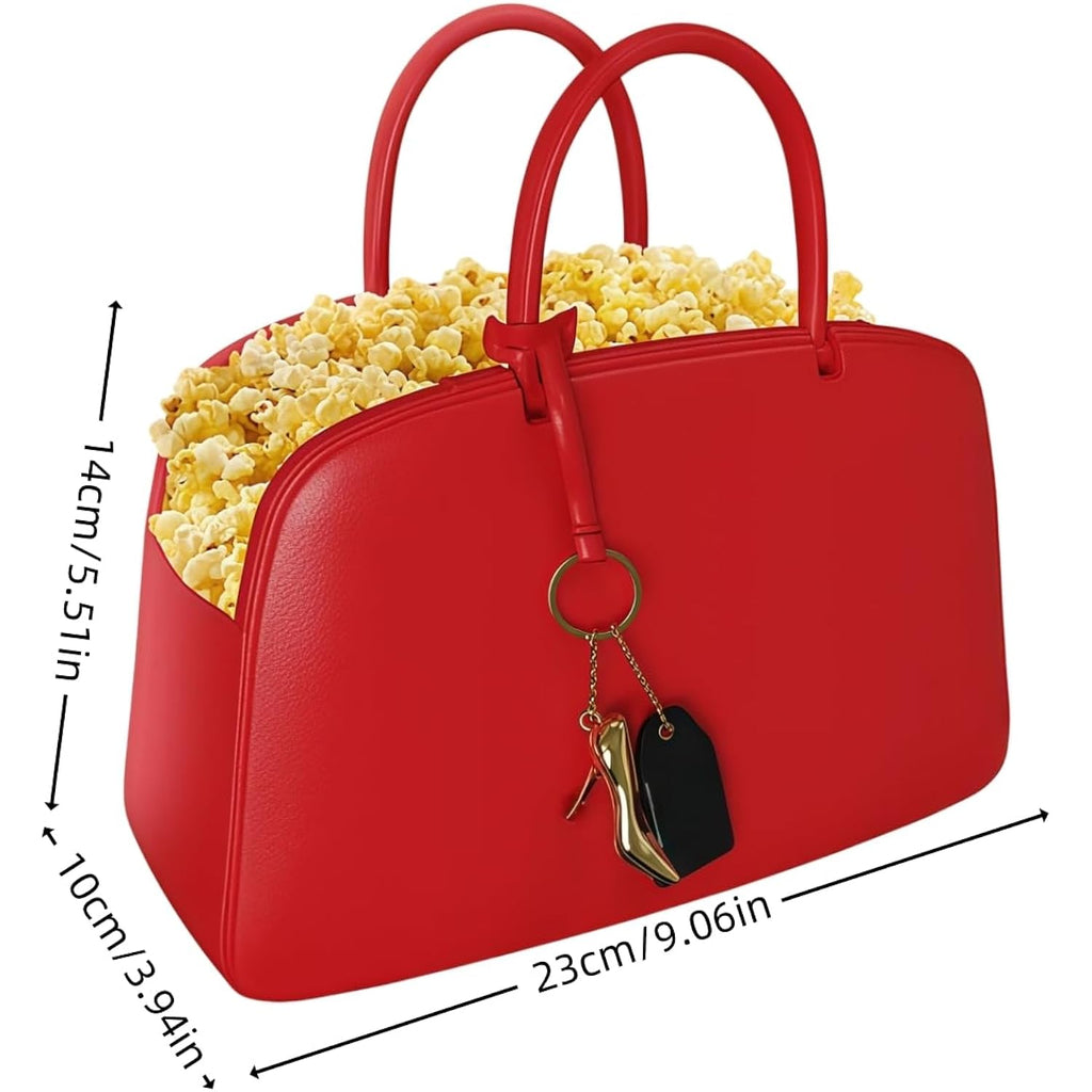 Leather Red Popcorn Bag, Fashion Handbag Style Top Handle Snack Container, for Party, Pool, Travel