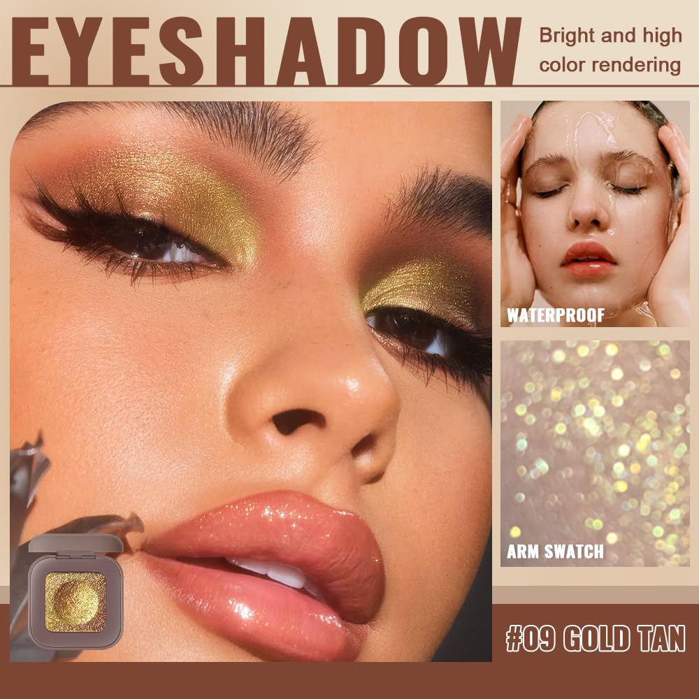 Shimmer Glitter Eyeshadow, Golden Tan Gold Metallic Eye Shadow, High Pigment Sparkle Single Eyeshadow, Creamy Smooth Waterproof Long Lasting, Soft Glam Natural Makeup, Sombra de Ojos 09