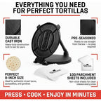 Uno Casa Cast Iron Tortilla Press 8 Inch - Tortilla Maker Press, Pre-Seasoned Roti Maker With 100 Pcs Parchment Paper - Heavy Duty Quesadilla Maker For Homemade Flatbreads, Rotis, Empanadas
