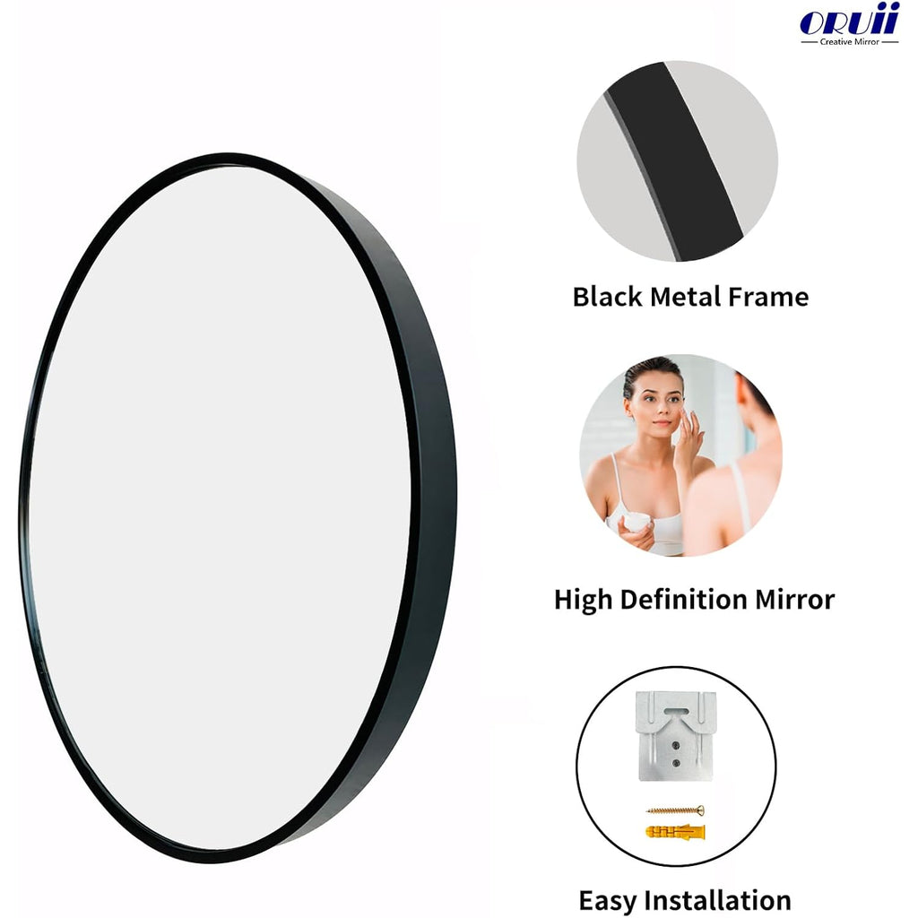 Oruii Round Mirror, Black Round Mirror 24 inch, Circle Wall Mirrors Metal Frame, Black Circular Mirrors for Bathroom, Wall, Living Room, Entryway, Hallway, Vanity, Rustic