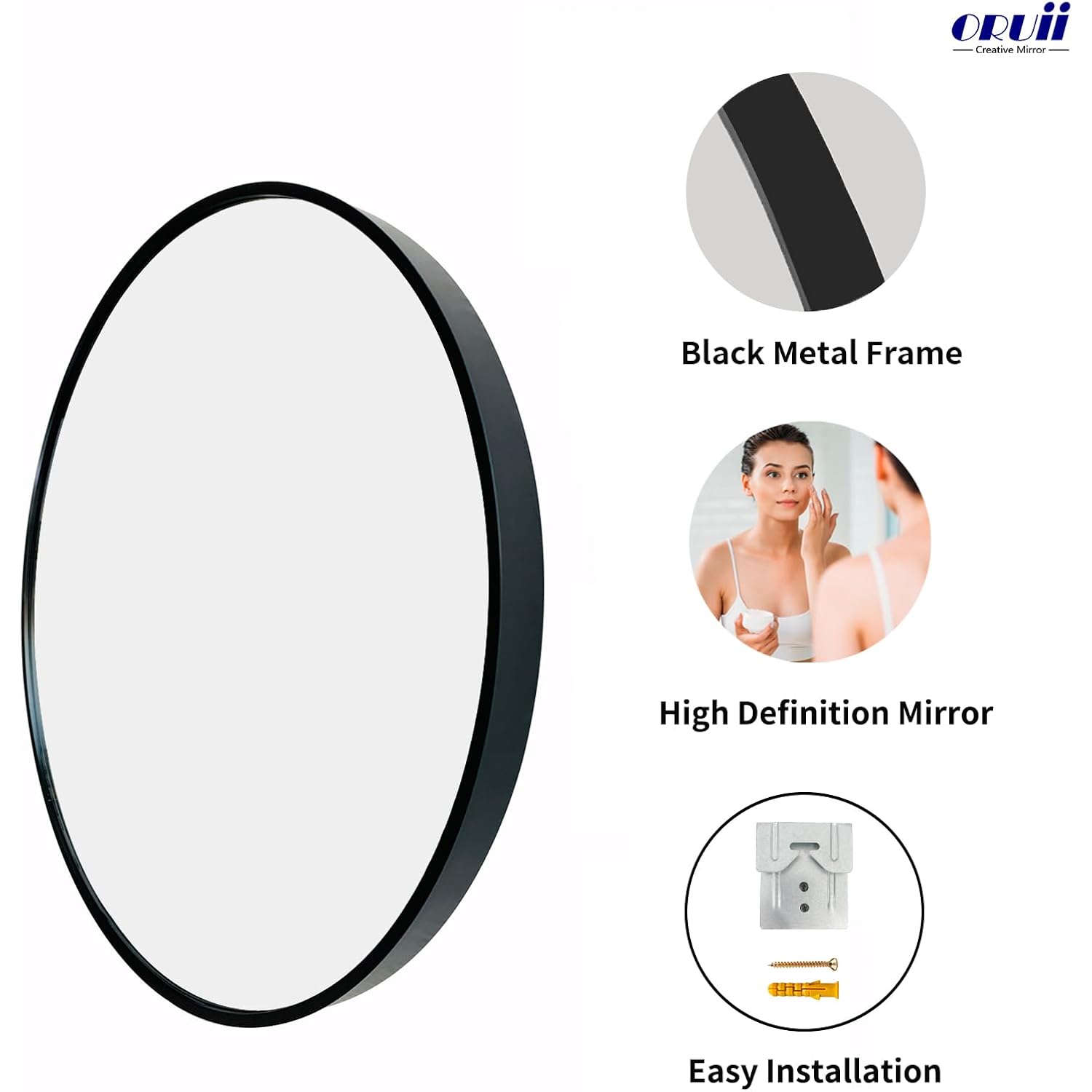 Oruii Round Mirror, Black Round Mirror 24 inch, Circle Wall Mirrors Metal Frame, Black Circular Mirrors for Bathroom, Wall, Living Room, Entryway, Hallway, Vanity, Rustic