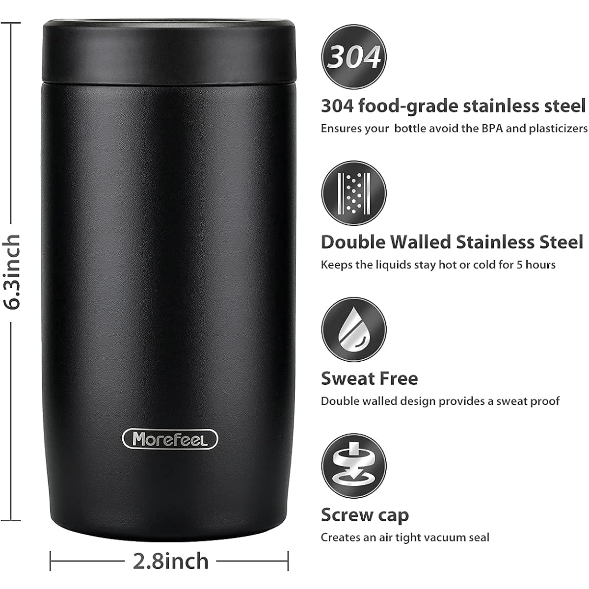 Morefeel 4-In-1 Insulated Can Cooler For 12 Oz Cans & Bottles | 304 Stainless Steel Can Holder Fits 12 Oz Slim Cans, Standard Cans, Beer Bottles & Works As A Open Cup; Dishwasher Safe