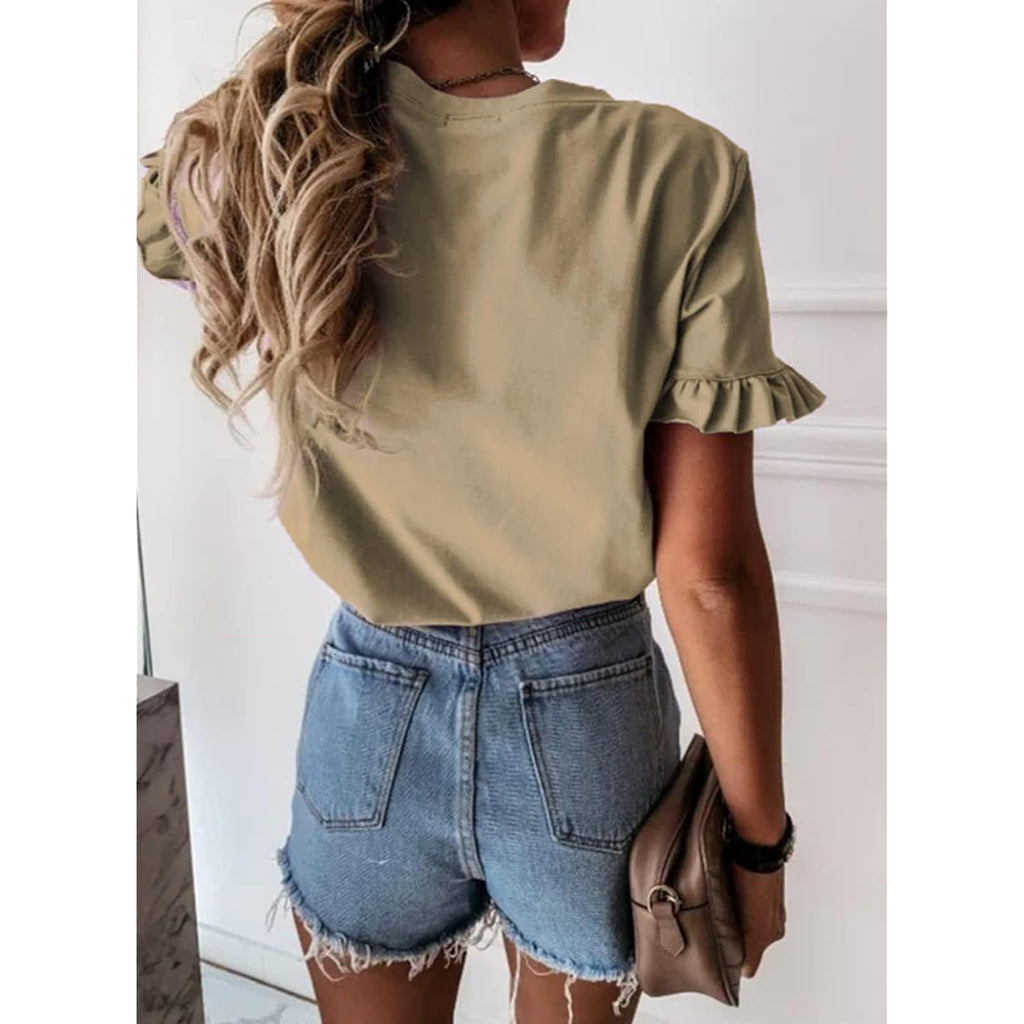 Prettygarden Women'S Short Sleeve Casual T Shirts Summer Ruffle Plain Round Neck Loose Fit Tee Blouse Tops