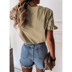 Prettygarden Women'S Short Sleeve Casual T Shirts Summer Ruffle Plain Round Neck Loose Fit Tee Blouse Tops