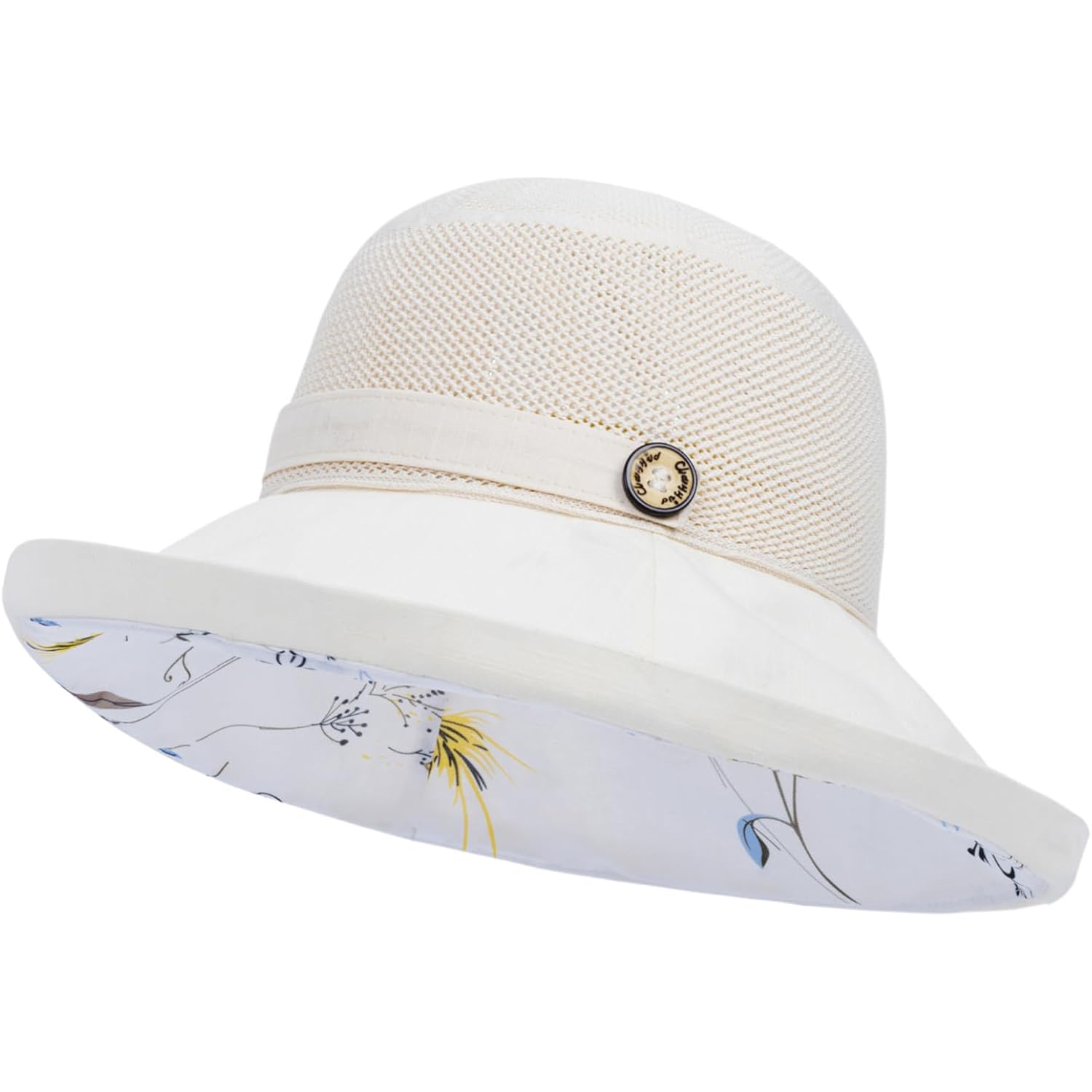 Women Summer Sun Hat Floral Beach Hat Wide Brim UV Protection Packable Bucket Cap for Vacation Travel Beige