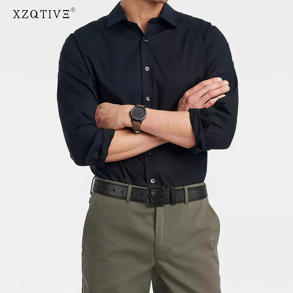 Xzqtive Men’S Metal Free Belt Hypoallergenic Leather Belts For Jeans Dress Nickle Free Tsa Belt With Black Buckle