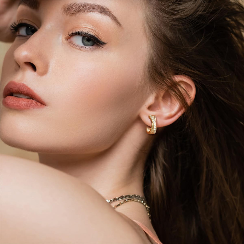 Gold Hoop Earrings 14K Gold Earrings for Women Thick Small Diamond 14K Gold Hoop Earrings for Women X-shaped Huggie Earrings 17mm