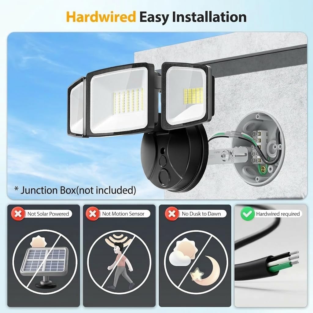 Onforu 75W Flood Lights Outdoor, 7000Lm Brightness Security Lights Switch Controlled, 3 Adjustable Heads, Ip65 Waterproof, 6500K Wall Mount Exterior Led Flood Light