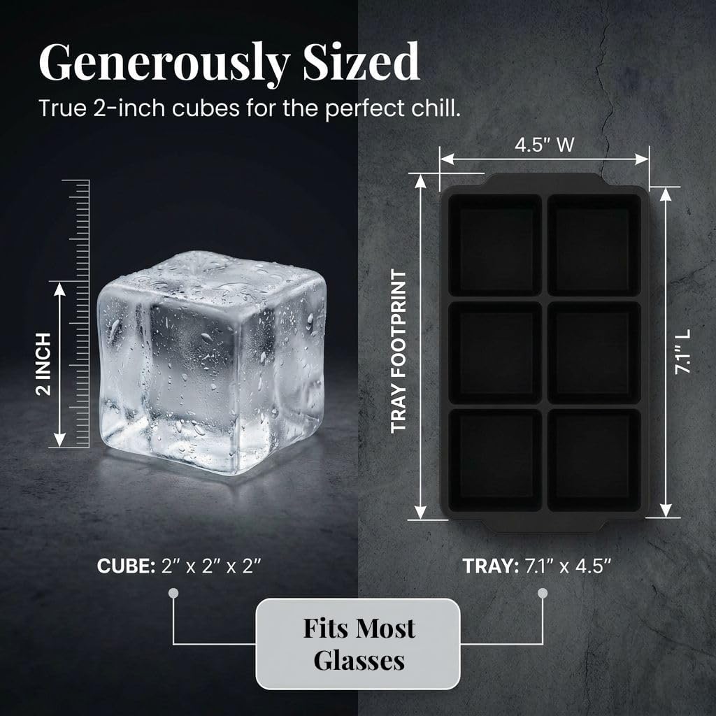 Kitchfort® Large Silicone Ice Cube Tray (2-Pack), Easy Release 2" Big Ice Cubes - Cocktail, Whiskey Ice Cubes Mold - Ice Trays For Freezer With Lid - Stackable Silicone Ice Tray - Black