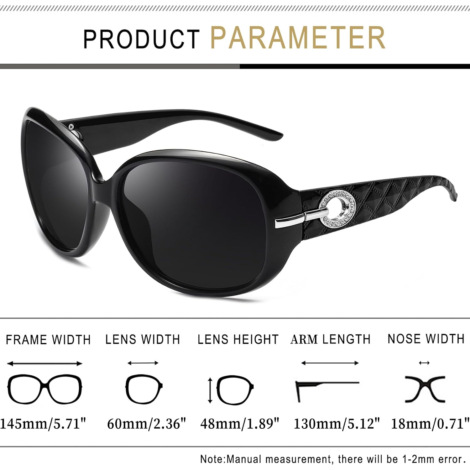 Joopin Big Womens Sunglasses Polarized Trendy Sun Glasses Large Rectangle UV Protection Rhinestone Sunnies A01-black Simple Packaging