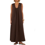 Women Sleeveless Ruched Maxi Dress Scoop Neck Long Elegant Dresses Wide Shoulder Strap Blouse Dress With Side Pockets