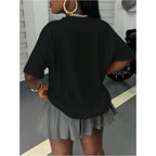 SOLY HUX Women's Graphic Tees Letter Print Short Sleeve Drop Shoulder Casual T Shirt Tops Black Letter
