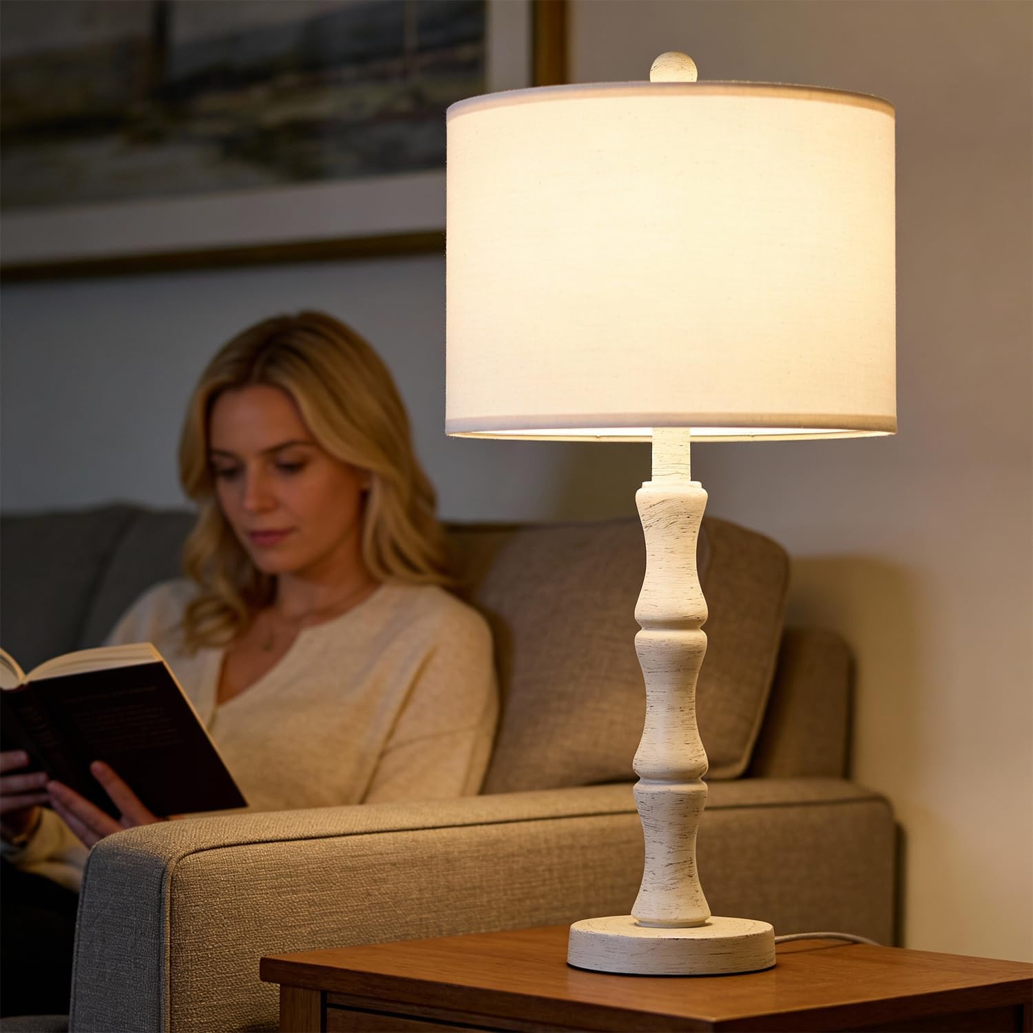 Bobomomo 25" Farmhouse Bedside Lamps Set Of 2, Vintage Nightstand Lamps With Antique White Resin Base & Linen Shade, Standard Table Lamps For Bedroom, Living Room, End Table & House Décor