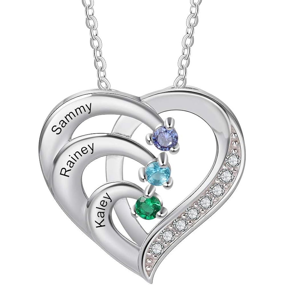 925 Sterling Silver Personalized Mother Necklace with 2-6 Birthstone Necklaces for Women Mothers Day Gifts for Mom Grandma Wife, Engraved Names Heart Charm Pendant for Birthday Anniversary