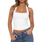 QINSEN Women's Backless Halter Tank Top Button Closure Square Neck Double Line Casual Daily Top Going Out Cami