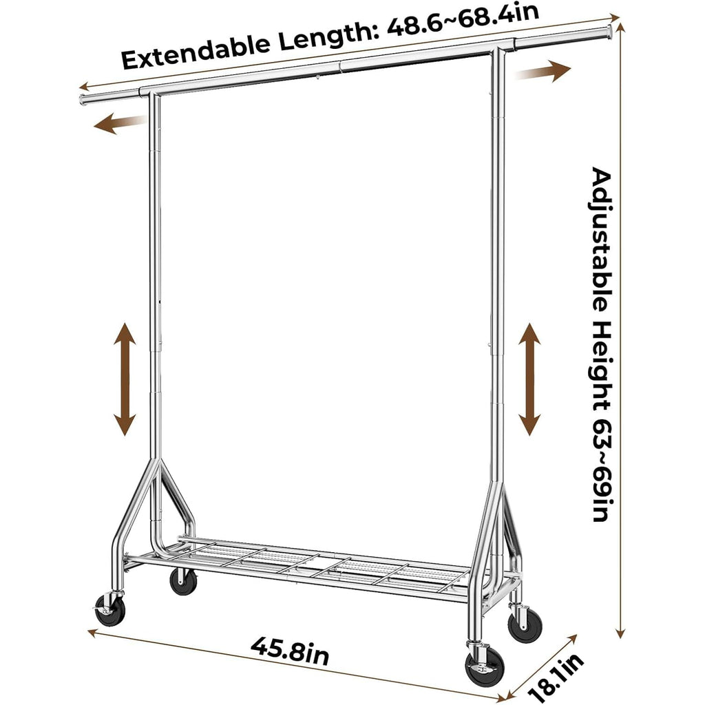 Hyseyy Heavy Duty Clothes Rack Load 450 Lbs, Metal Garment Rack, Standing Rolling Clothing Rack For Hanging Clothes With Sturdy Wheels & Shelves, Portable Closet Wardrobe Rack,Sliver