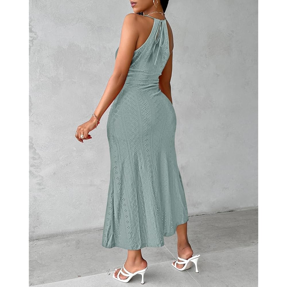 Chicme Womens Summer Halter Dress Hollow Out A Line Vacation Dresses With Eyelet Embroidery & Side Slit