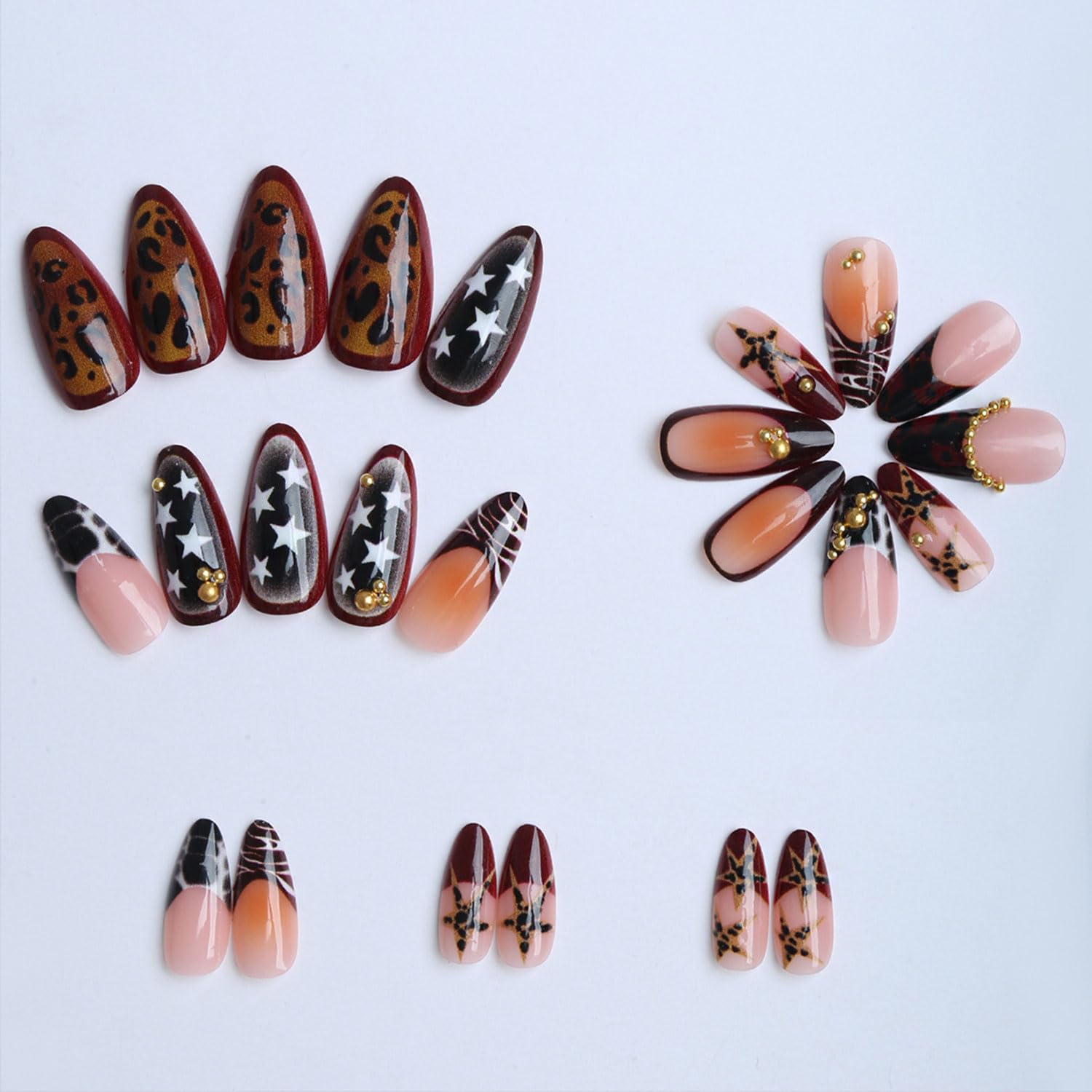 Press on Nails Medium French Tip Fake Nails Almond with Brown Maculation Leopard Floral 3D Gold Bead Design Artificial False Nails for Women Girls Autumn and Winter DIY Nails Decoration 24 Pcs