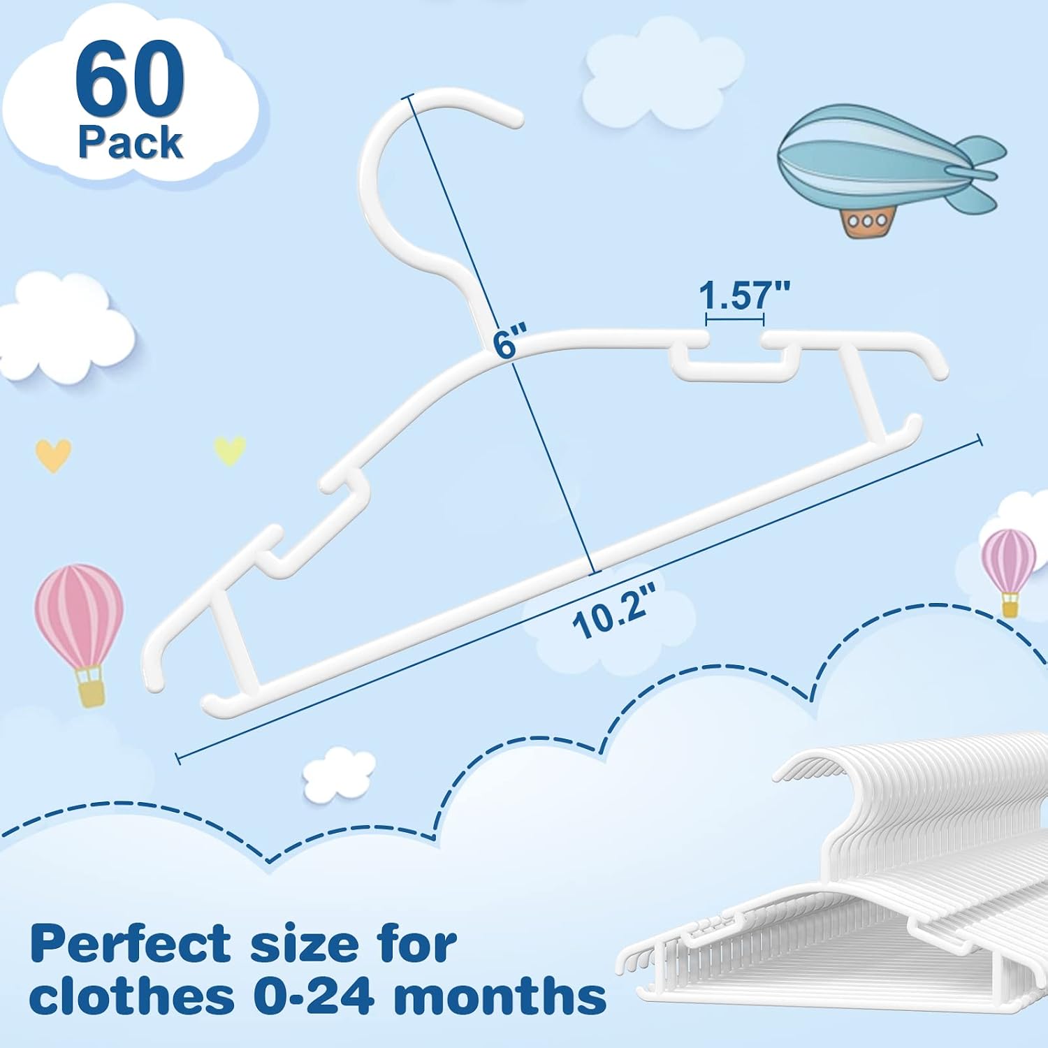 Baby Hangers 60Pack White Baby Clothes Hangers Bulk Kids Plastic Hangers Toddler/Infant Hangers For Closet