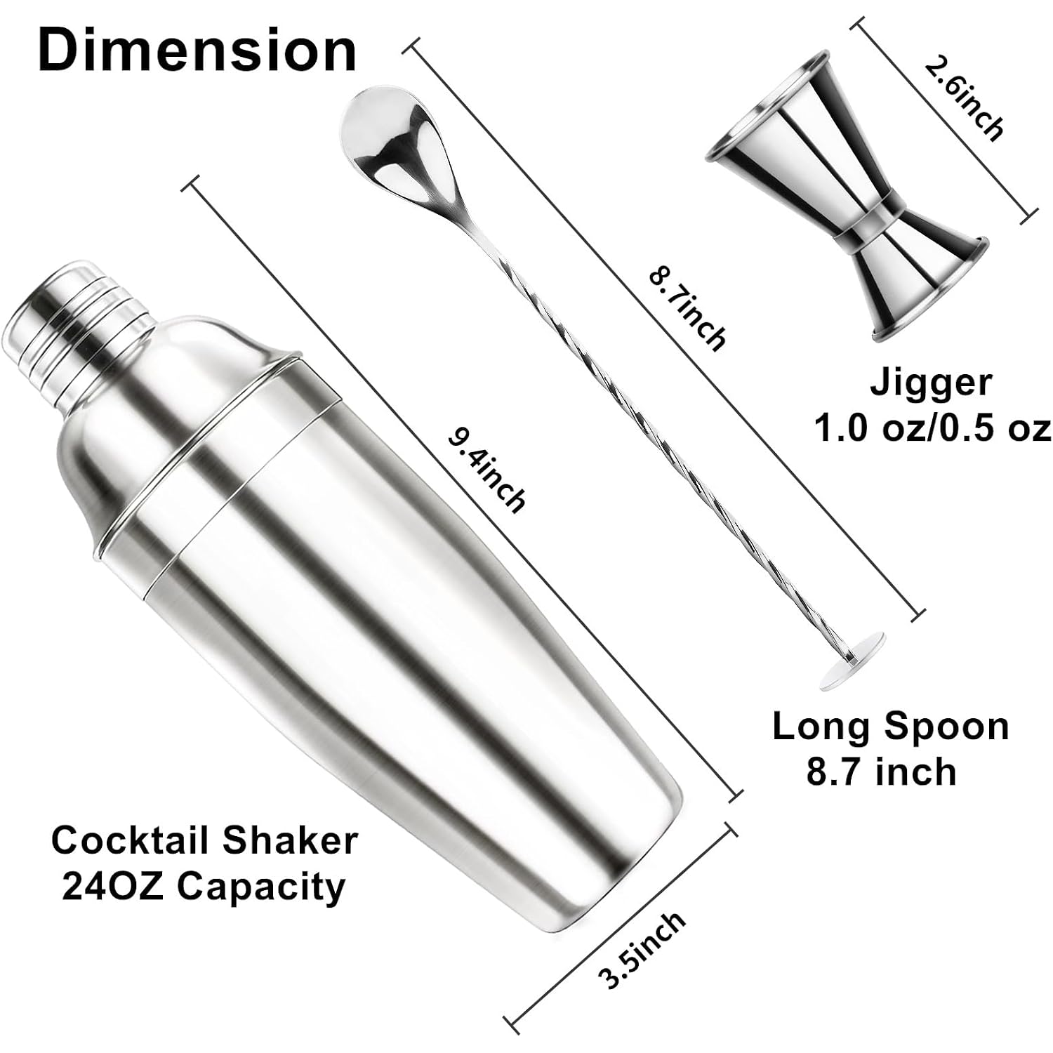 Ohtomber 24Oz Stainless Steel Cocktail Shaker Set Bartender Kit | Includes Buit-In Strainer, Jigger & Mixing Spoon, Martini Drink Mixer Set, Ideal Bar Accessories For Beginners & Home Bar
