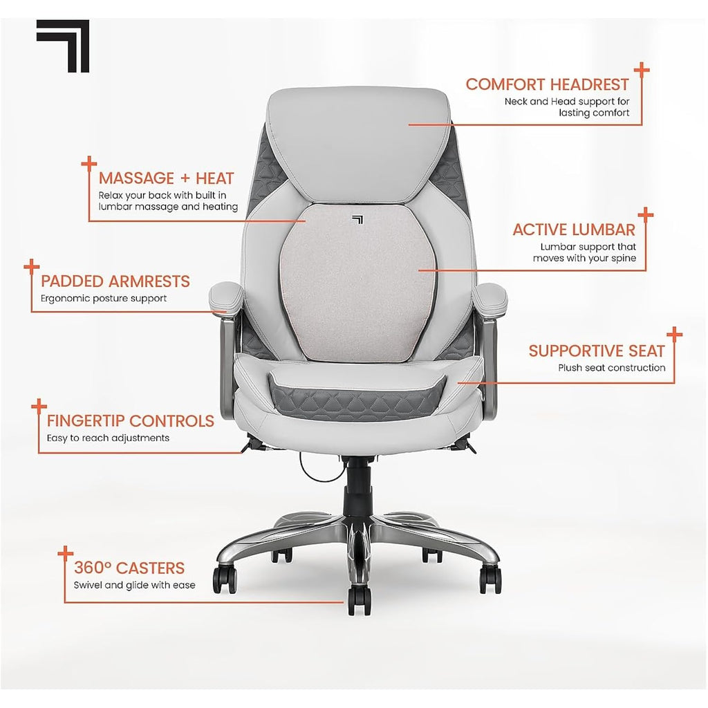 Sharper Image S600 Active Lumbar Ergonomic Bonded Leather Swivel Executive Massage Chair, White/Gray
