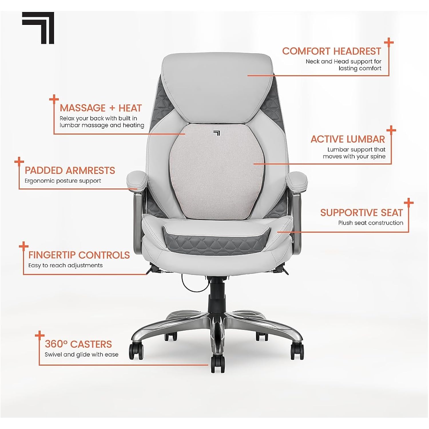 Sharper Image S600 Active Lumbar Ergonomic Bonded Leather Swivel Executive Massage Chair, White/Gray