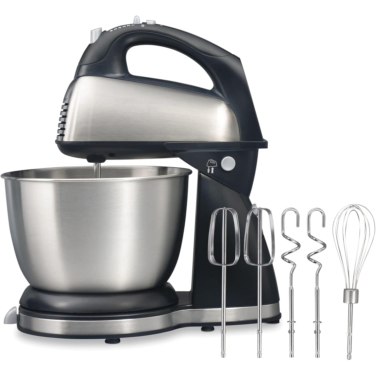 Hamilton Beach Classic Stand And Hand Mixer, 4 Quarts, 6 Speeds With Quickburst, Bowl Rest, 290 Watts Peak Power, Black And Stainless | 2-In-1 Versatility | Quickburst For Added Power | 290 Watts Peak Power | Built-In Bowl Rest | Black And Stainless Steel