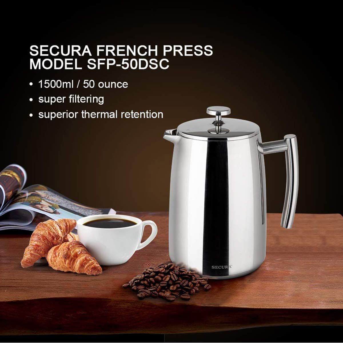 Secura French Press Coffee Maker, 50-Ounce, 304 Stainless Steel Insulated Coffee Press With Extra Screen