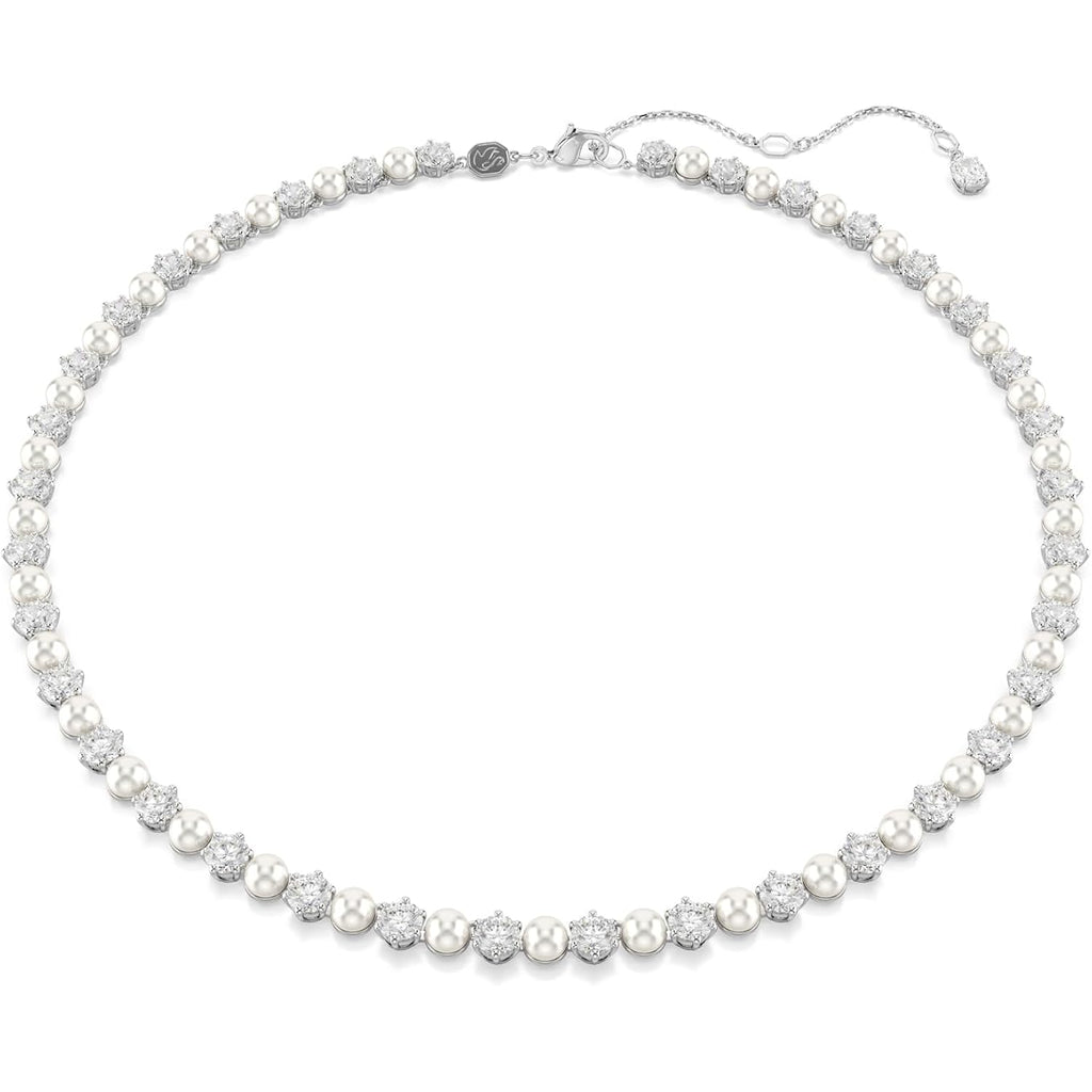 Swarovski Matrix Tennis Necklace, Crystal Pearl, Round Cut, Clear, Rhodium Finish