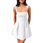 Ymduch Women'S Sexy Sleeveless Square Neck Adjustable Straps Bow Tie A-Line Mini Party Club Dress