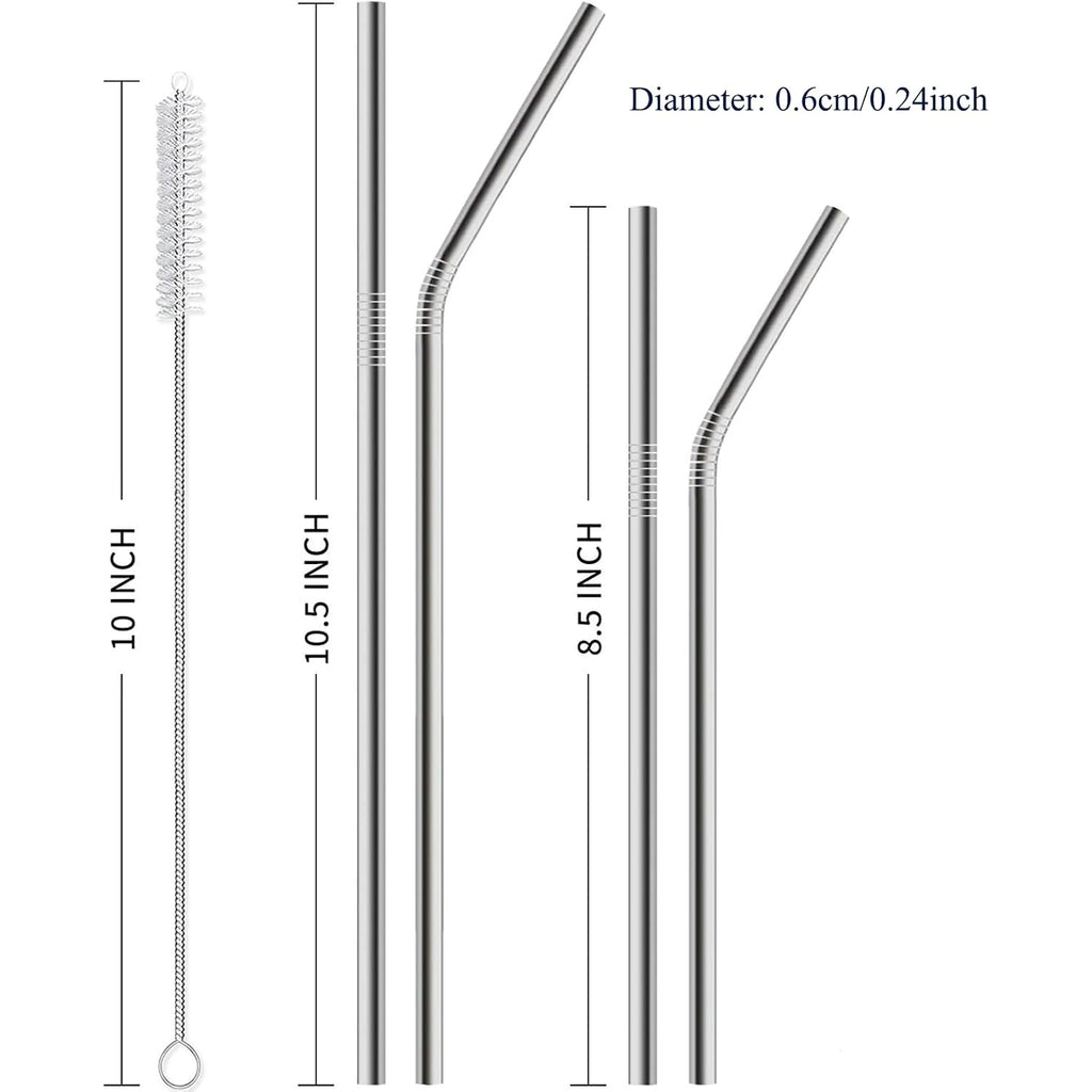 12 Pack Of Reusable Stainless Steel Metal Straws, 3 Straight + 3 Bent 10.5 Inch And 3 Straight + 3 Bent 8.5 Inch Metal Straws With 2 Cleaning Brushes For 20 24 30 Oz Tumbler Dishwasher Safef